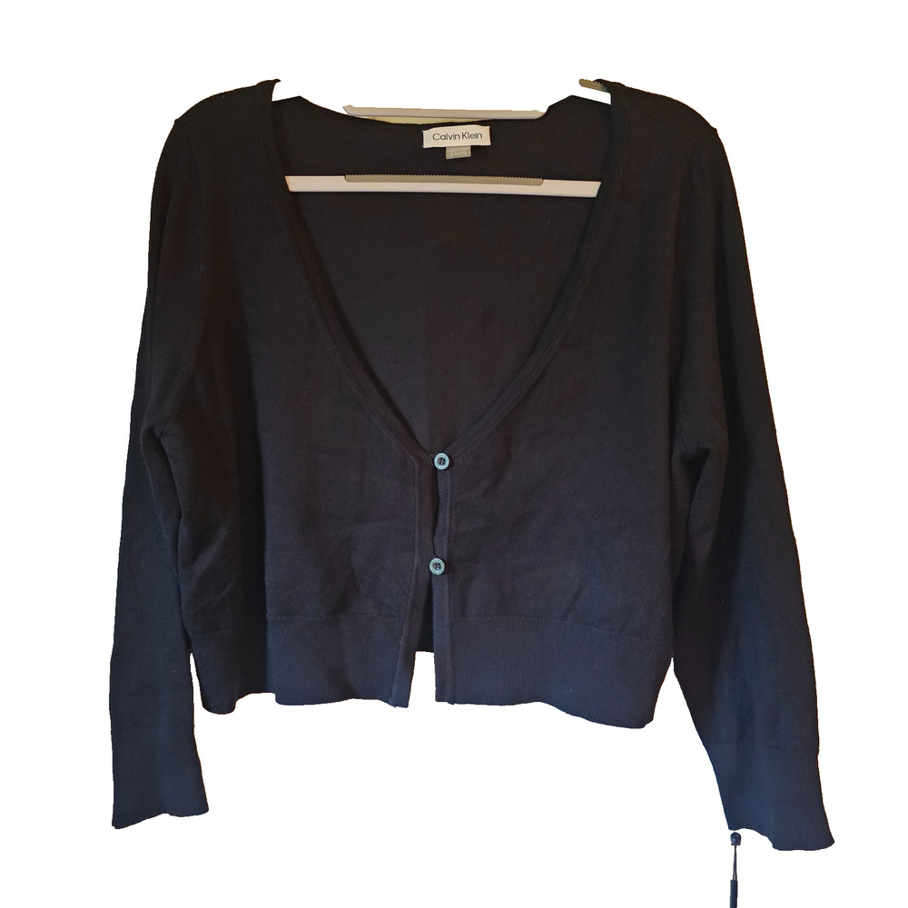 Calvin Klein Cardigan Womens XL Black Cropped V Neck Button Front NWT